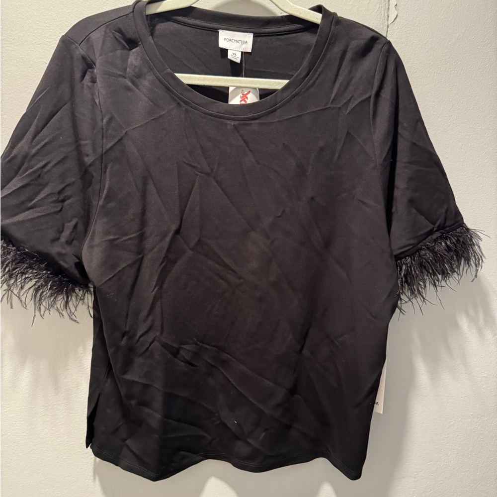 For Cynthia Black Top with Feather Sleeves - Picture 2 of 3